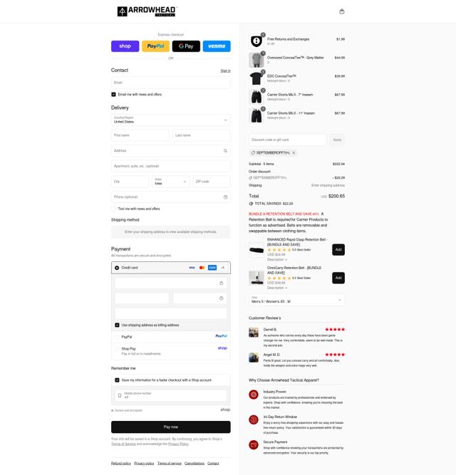 Arrowhead Tactical Apparel checkout page showing Arrowhead Tactical Apparel discount code box | Screenshot taken by SimplyCodes community member on Sep 13, 2025