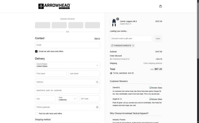 Arrowhead Tactical Apparel checkout page showing Arrowhead Tactical Apparel discount code box | Screenshot taken by SimplyCodes community member on Sep 14, 2025