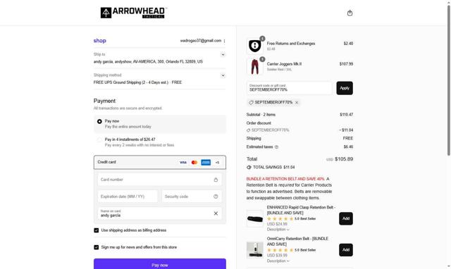 Arrowhead Tactical Apparel checkout page showing Arrowhead Tactical Apparel discount code box | Screenshot taken by SimplyCodes community member on Sep 13, 2025