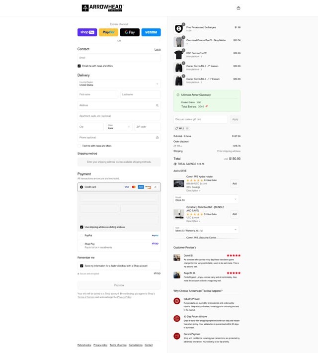 Arrowhead Tactical Apparel checkout page showing Arrowhead Tactical Apparel discount code box | Screenshot taken by SimplyCodes community member on Aug 27, 2025
