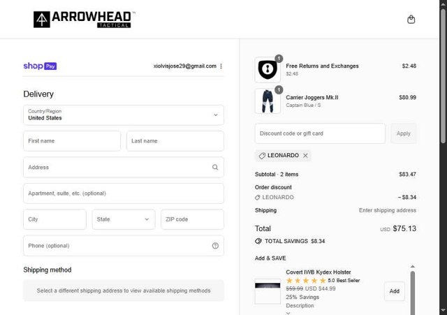 Arrowhead Tactical Apparel checkout page showing Arrowhead Tactical Apparel discount code box | Screenshot taken by SimplyCodes community member on Aug 28, 2025