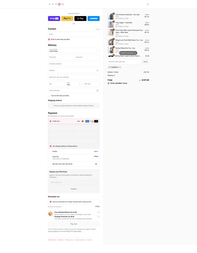 Arrow 22 checkout page showing Arrow 22 coupon code box | Screenshot taken by SimplyCodes community member on Aug 27, 2025