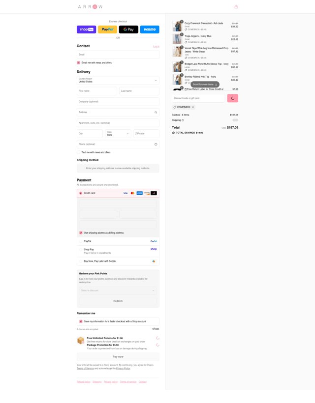 Arrow 22 checkout page showing Arrow 22 coupon code box | Screenshot taken by SimplyCodes community member on Aug 27, 2025