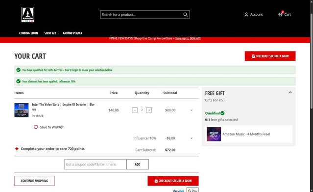 Arrow Video checkout page showing Arrow Video promo code box | Screenshot taken by SimplyCodes community member on Jul 25, 2025