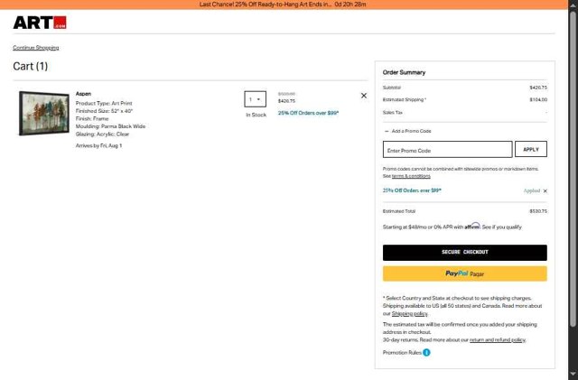 Art.com checkout page showing Art.com promo code box | Screenshot taken by SimplyCodes community member on Jul 25, 2025