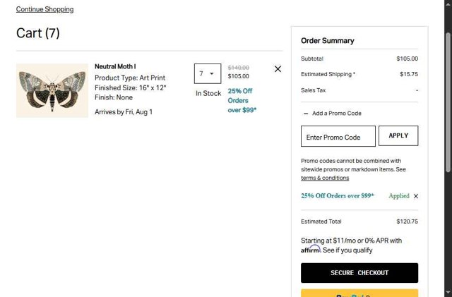 Art.com checkout page showing Art.com promo code box | Screenshot taken by SimplyCodes community member on Jul 25, 2025