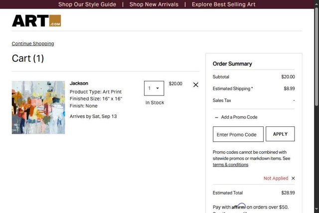 Art.com checkout page showing Art.com promo code box | Screenshot taken by SimplyCodes community member on Sep 7, 2025