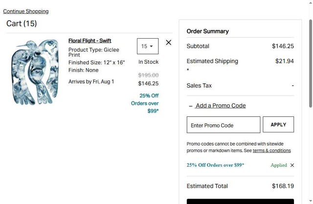Art.com checkout page showing Art.com promo code box | Screenshot taken by SimplyCodes community member on Jul 11, 2025