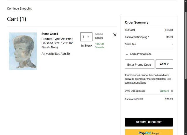 Art.com checkout page showing Art.com promo code box | Screenshot taken by SimplyCodes community member on Aug 23, 2025