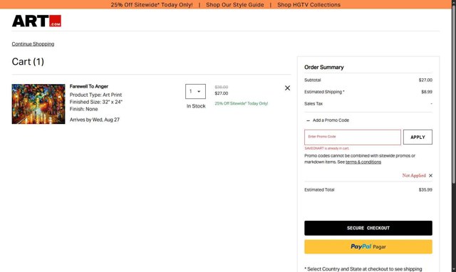 Art.com checkout page showing Art.com promo code box | Screenshot taken by SimplyCodes community member on Aug 19, 2025