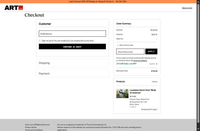 Art.com checkout page showing Art.com promo code box | Screenshot taken by SimplyCodes community member on Jul 25, 2025