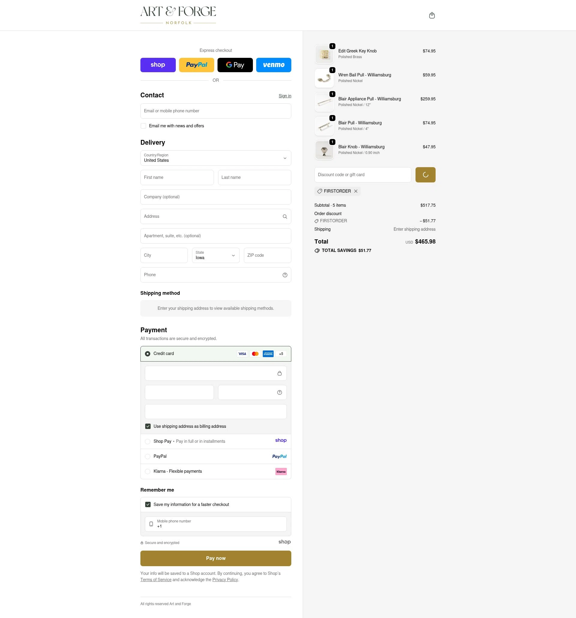Art and Forge checkout page showing Art and Forge promo code box | Screenshot taken by SimplyCodes community member on Jan 5, 2026