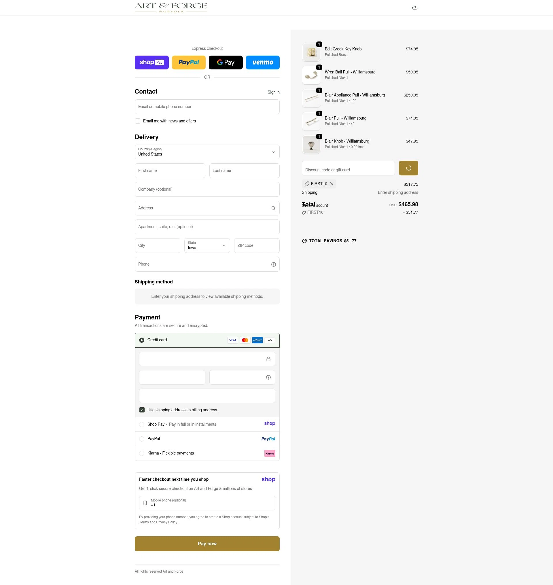 Art and Forge checkout page showing Art and Forge promo code box | Screenshot taken by SimplyCodes community member on Jan 10, 2026