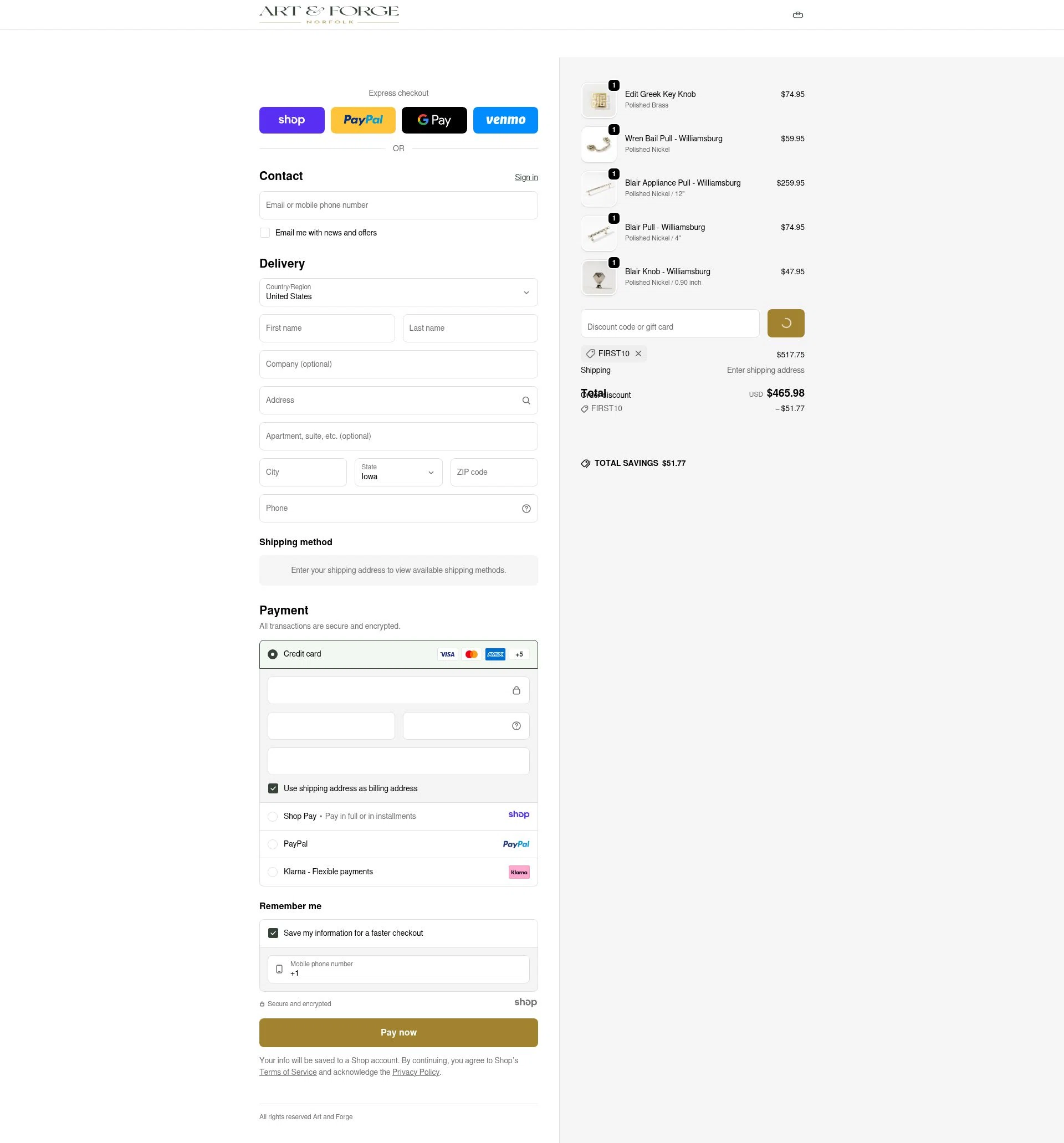 Art and Forge checkout page showing Art and Forge promo code box | Screenshot taken by SimplyCodes community member on Jan 5, 2026