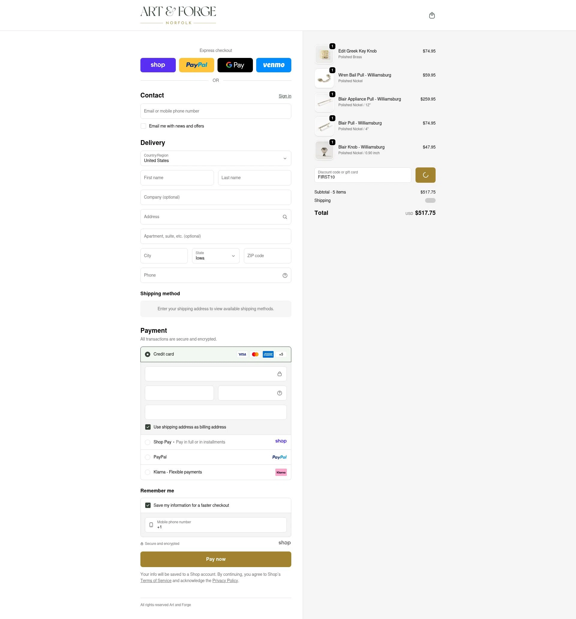 Art and Forge checkout page showing Art and Forge promo code box | Screenshot taken by SimplyCodes community member on Dec 26, 2025