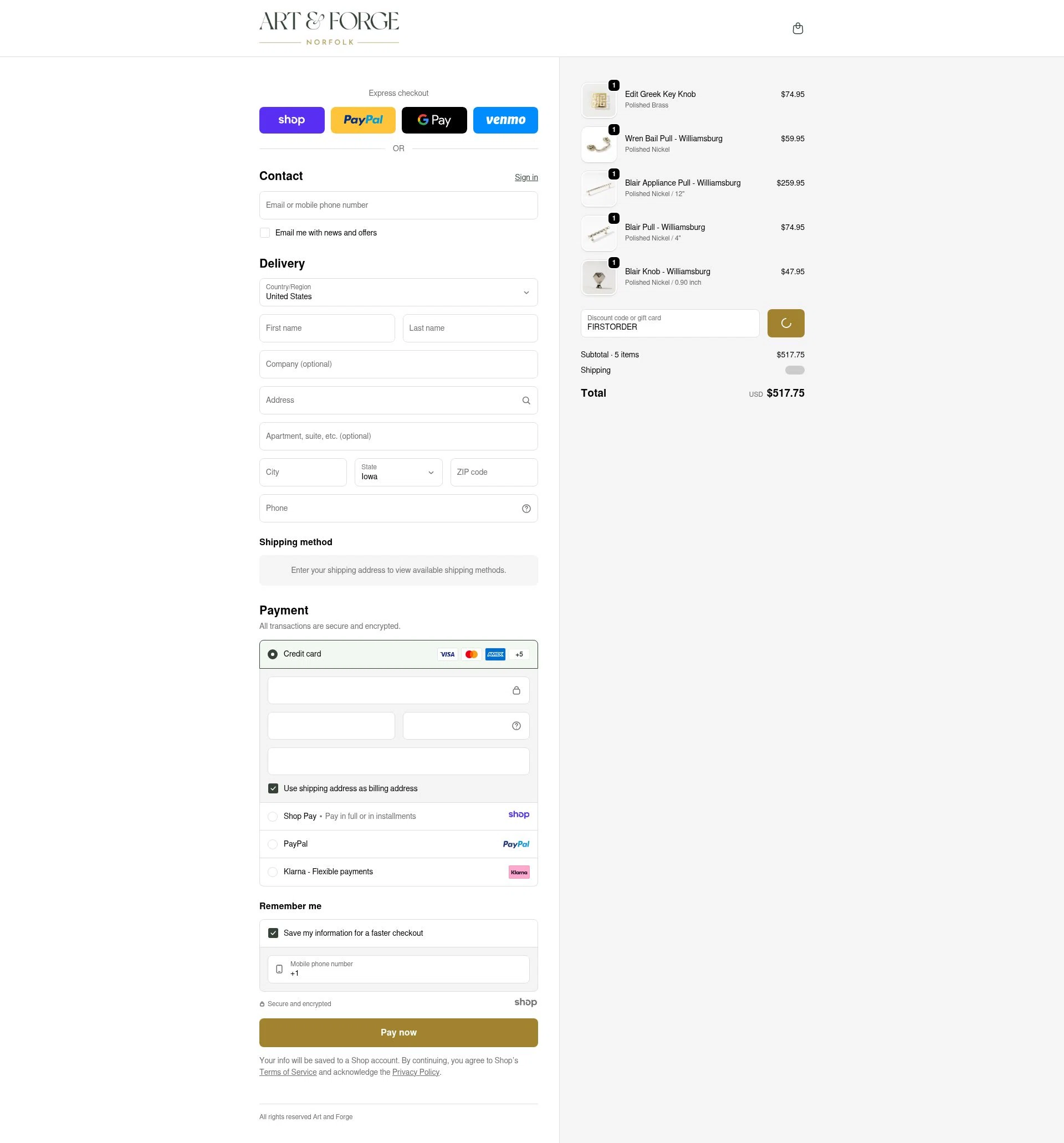 Art and Forge checkout page showing Art and Forge promo code box | Screenshot taken by SimplyCodes community member on Dec 31, 2025