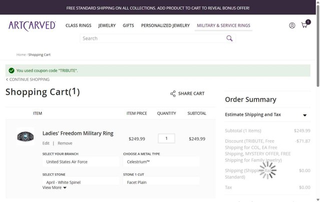 ArtCarved checkout page showing ArtCarved coupon code box | Screenshot taken by SimplyCodes community member on May 24, 2025