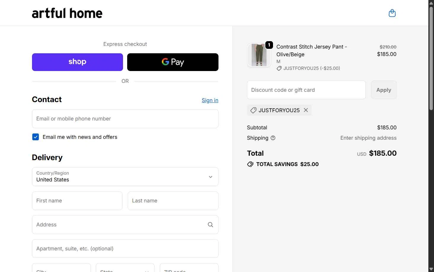 Artful Home checkout page showing Artful Home promo code box | Screenshot taken by SimplyCodes community member on Feb 7, 2026