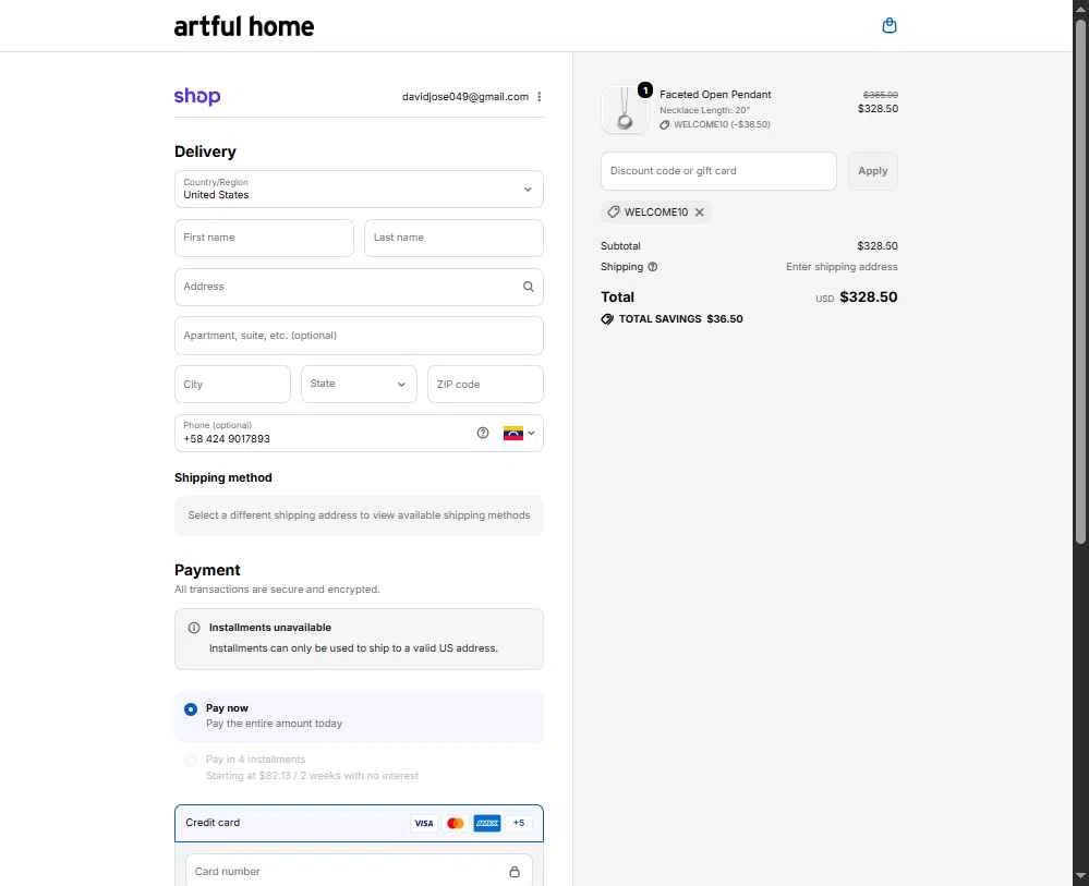 Artful Home checkout page showing Artful Home promo code box | Screenshot taken by SimplyCodes community member on Jan 23, 2026
