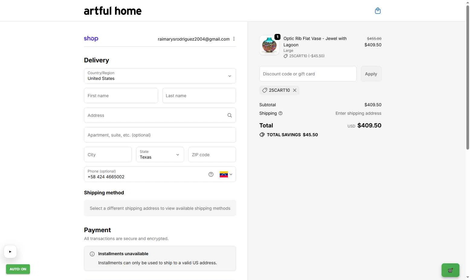 Artful Home checkout page showing Artful Home promo code box | Screenshot taken by SimplyCodes community member on Jan 30, 2026