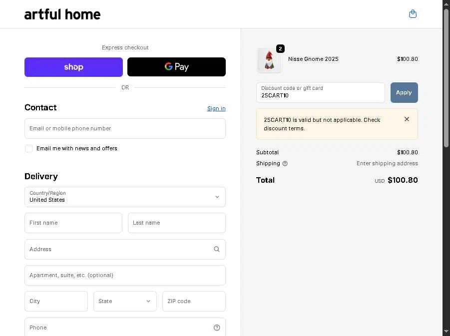 Artful Home checkout page showing Artful Home promo code box | Screenshot taken by SimplyCodes community member on Dec 7, 2025