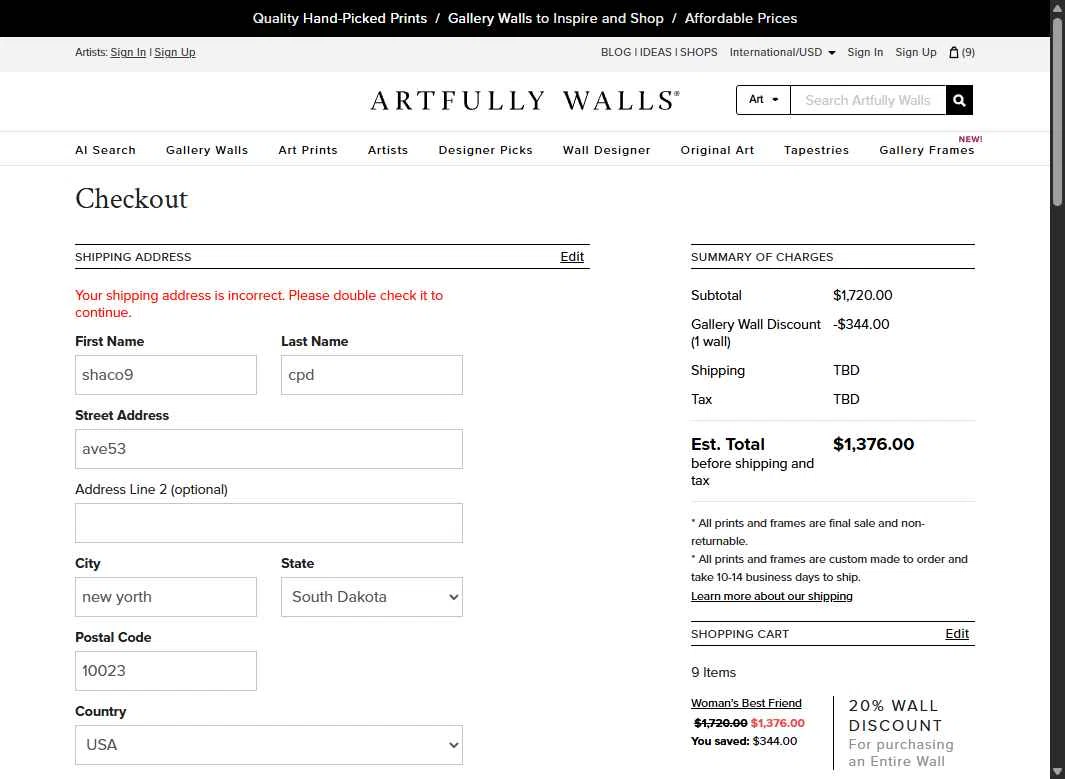 Artfully Walls checkout page showing Artfully Walls promo code box | Screenshot taken by SimplyCodes community member on Jan 23, 2026
