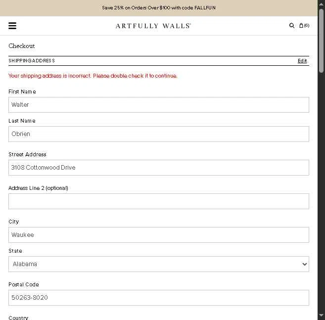Artfully Walls checkout page showing Artfully Walls promo code box | Screenshot taken by SimplyCodes community member on Oct 17, 2025