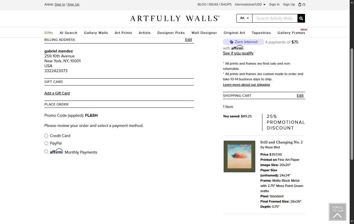 Artfully Walls checkout page showing Artfully Walls promo code box | Screenshot taken by SimplyCodes community member on Dec 13, 2025