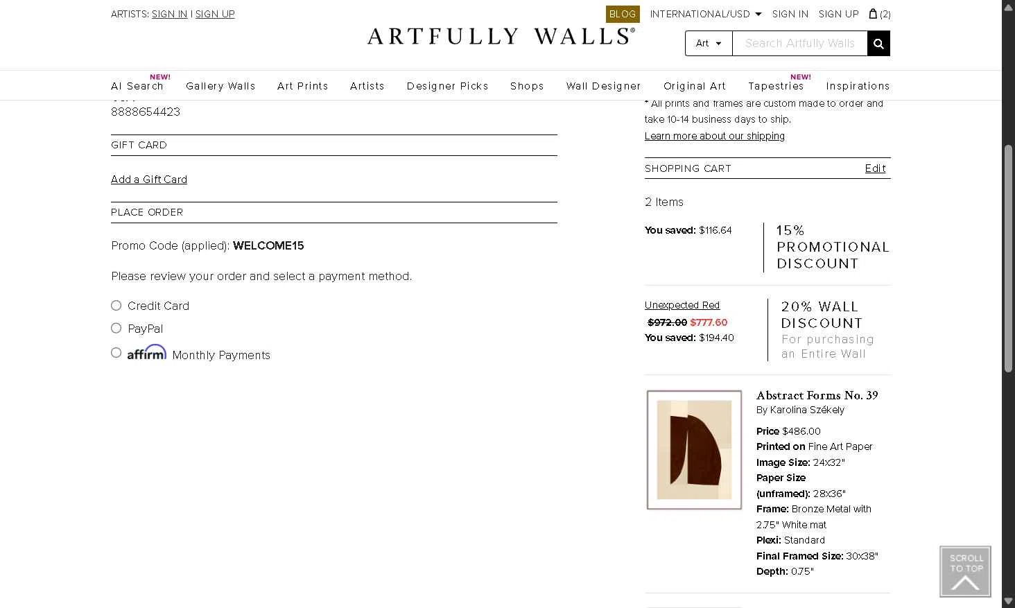 Artfully Walls checkout page showing Artfully Walls promo code box | Screenshot taken by SimplyCodes community member on Sep 26, 2025