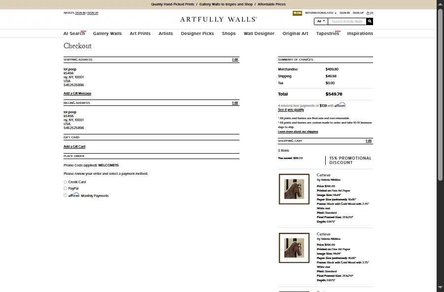 Artfully Walls checkout page showing Artfully Walls promo code box | Screenshot taken by SimplyCodes community member on Aug 17, 2025