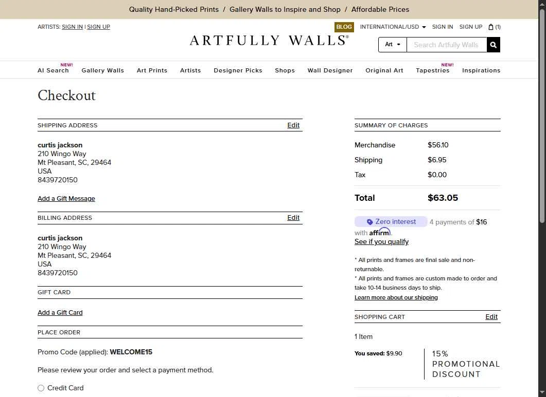 Artfully Walls checkout page showing Artfully Walls promo code box | Screenshot taken by SimplyCodes community member on Sep 26, 2025