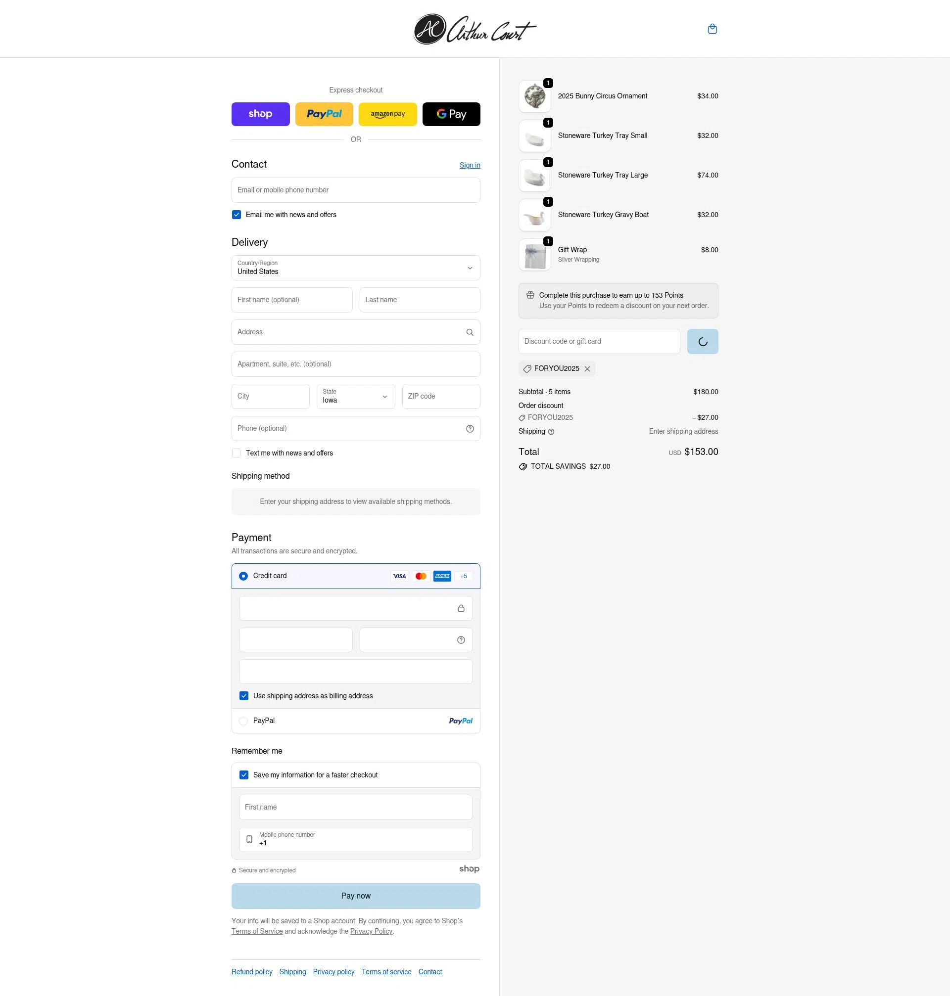 Arthur Court Designs checkout page showing Arthur Court Designs promo code box | Screenshot taken by SimplyCodes community member on Dec 28, 2025