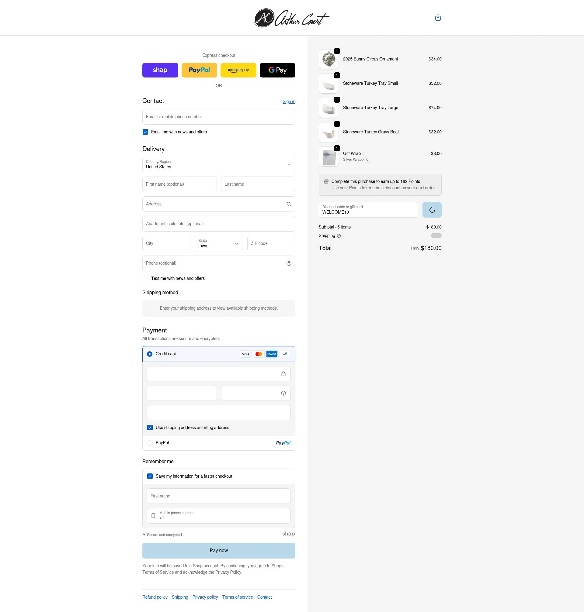 Arthur Court Designs checkout page showing Arthur Court Designs promo code box | Screenshot taken by SimplyCodes community member on Jan 2, 2026
