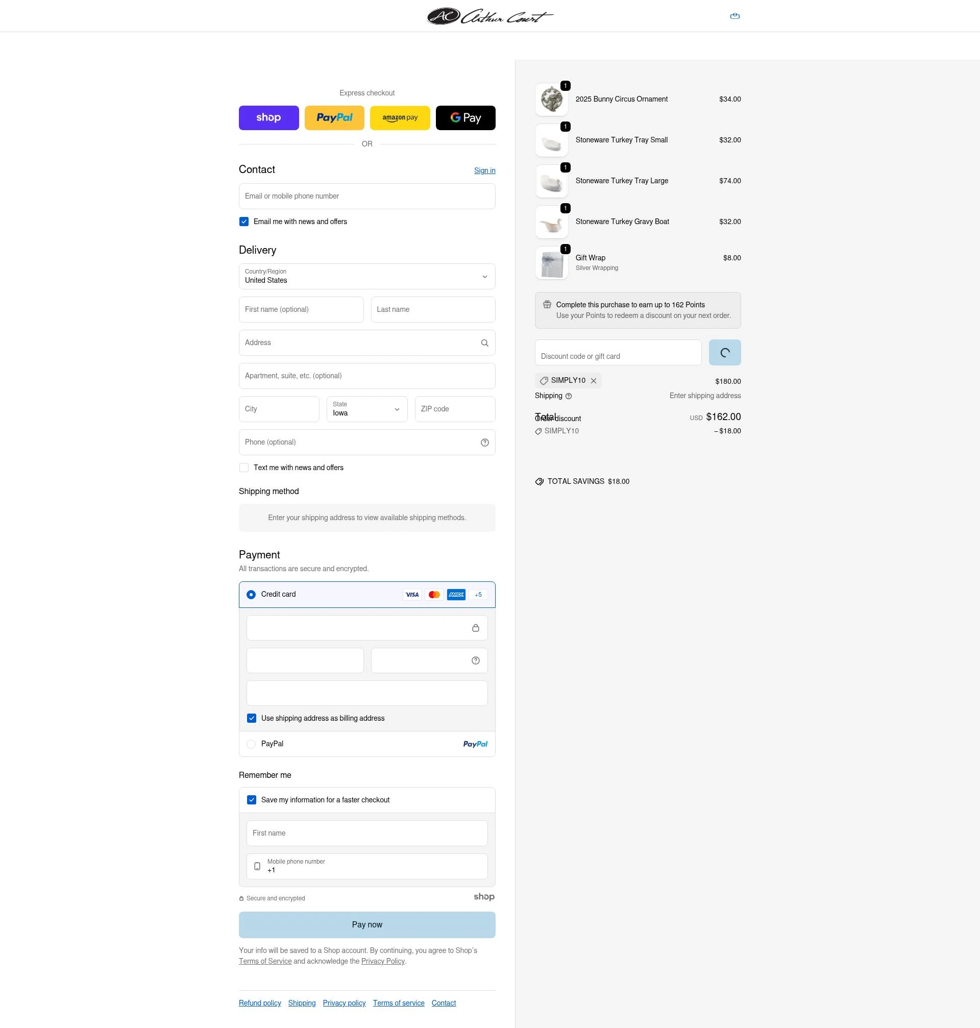 Arthur Court Designs checkout page showing Arthur Court Designs promo code box | Screenshot taken by SimplyCodes community member on Jan 2, 2026