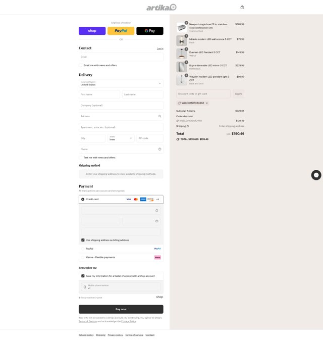 Artika checkout page showing Artika discount code box | Screenshot taken by SimplyCodes community member on Aug 31, 2025
