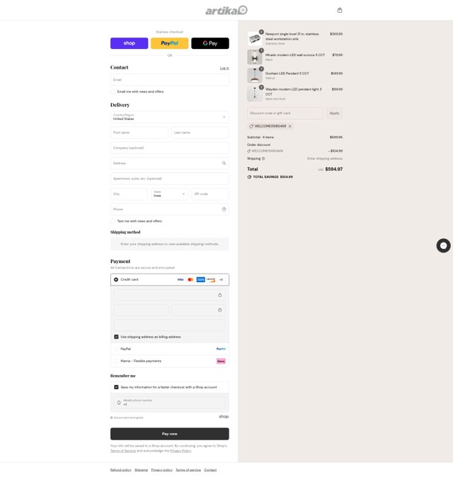 Artika checkout page showing Artika discount code box | Screenshot taken by SimplyCodes community member on Sep 4, 2025