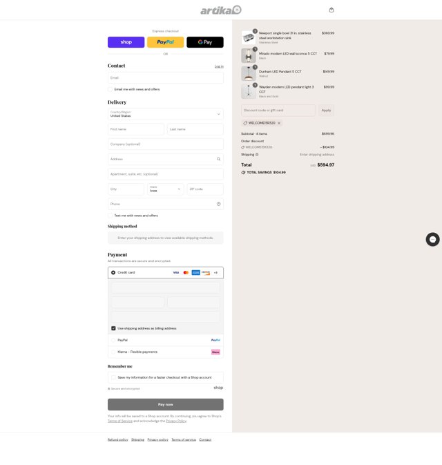 Artika checkout page showing Artika discount code box | Screenshot taken by SimplyCodes community member on Sep 4, 2025