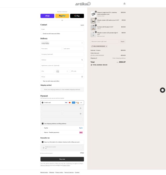 Artika checkout page showing Artika discount code box | Screenshot taken by SimplyCodes community member on Sep 4, 2025