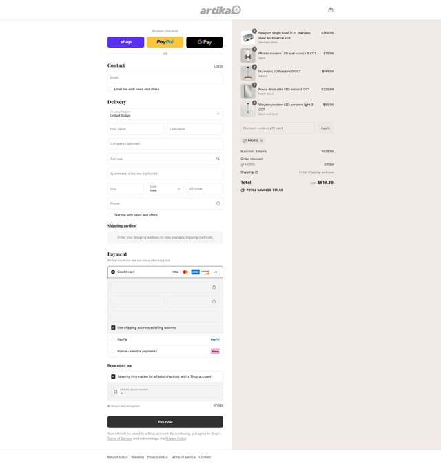 Artika checkout page showing Artika discount code box | Screenshot taken by SimplyCodes community member on Aug 31, 2025