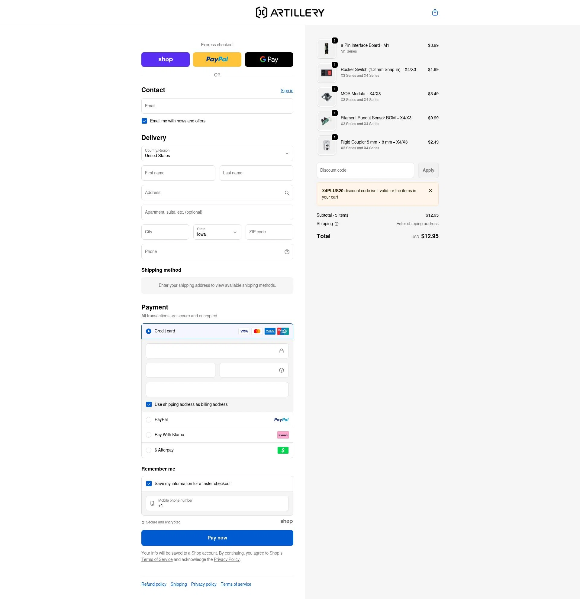 Artillery3d checkout page showing Artillery3d promo code box | Screenshot taken by SimplyCodes community member on Dec 29, 2025