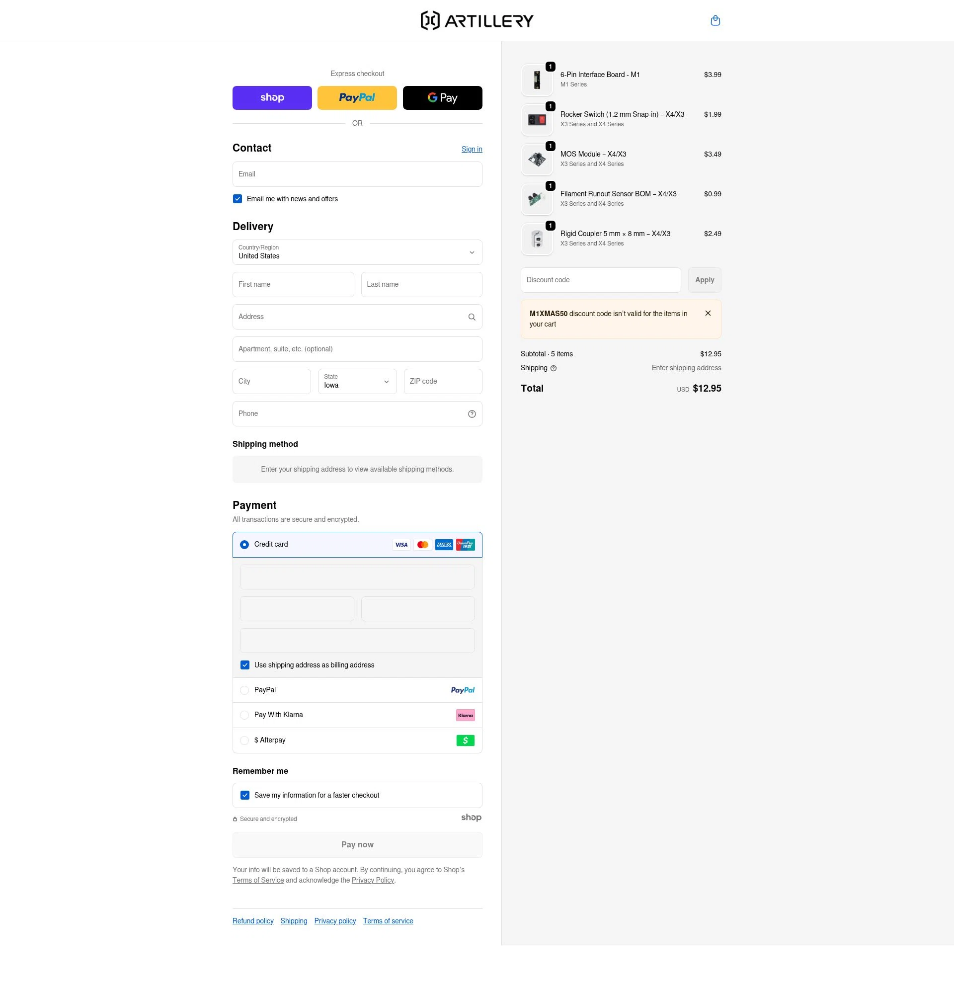 Artillery3d checkout page showing Artillery3d promo code box | Screenshot taken by SimplyCodes community member on Dec 18, 2025