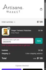Artisana Market coupon verification screenshot