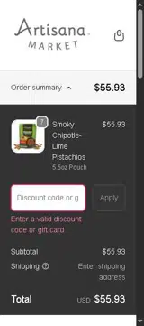 Artisana Market coupon verification screenshot