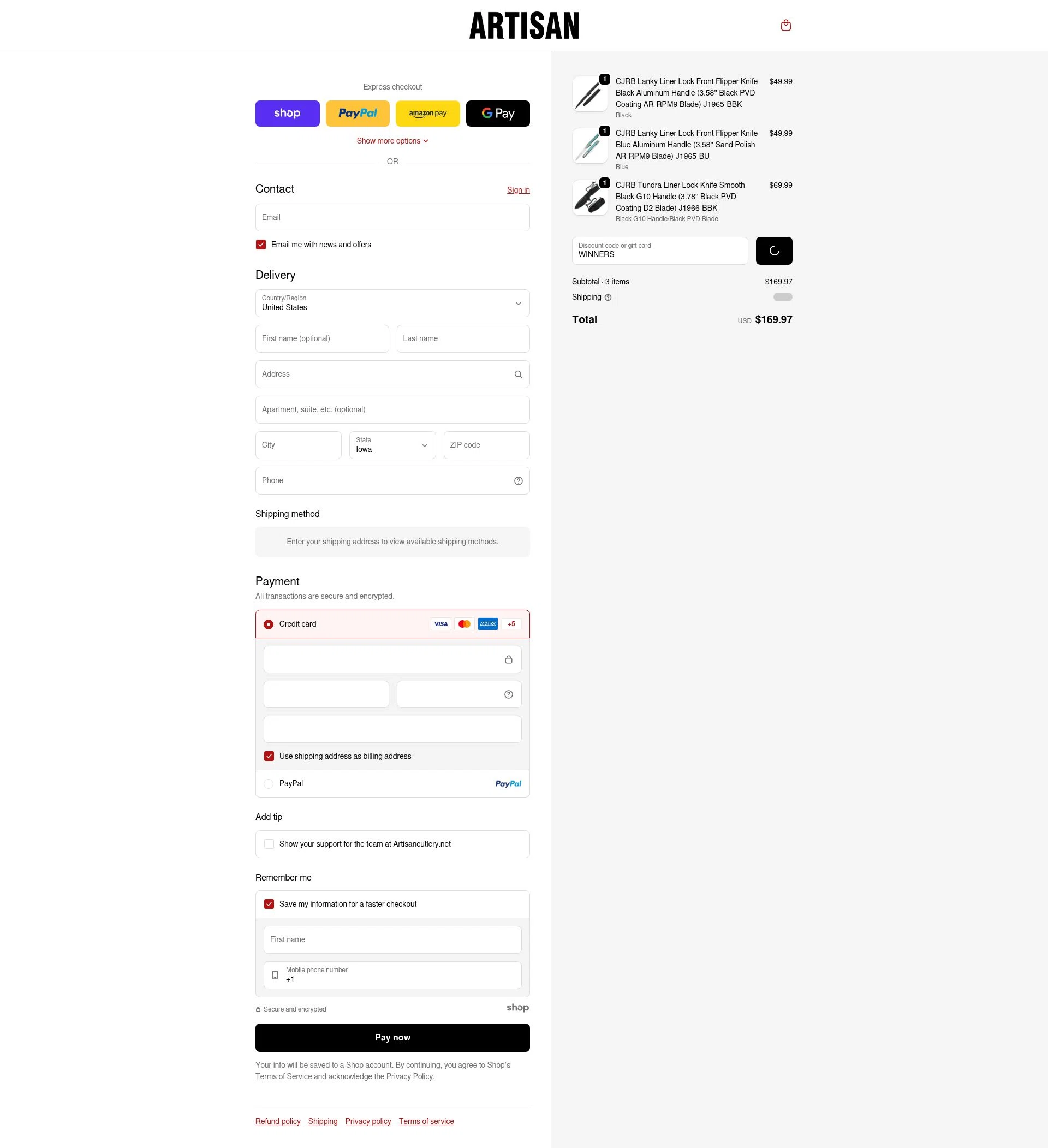 Artisan Cutlery checkout page showing Artisan Cutlery coupon code box | Screenshot taken by SimplyCodes community member on Jan 8, 2026