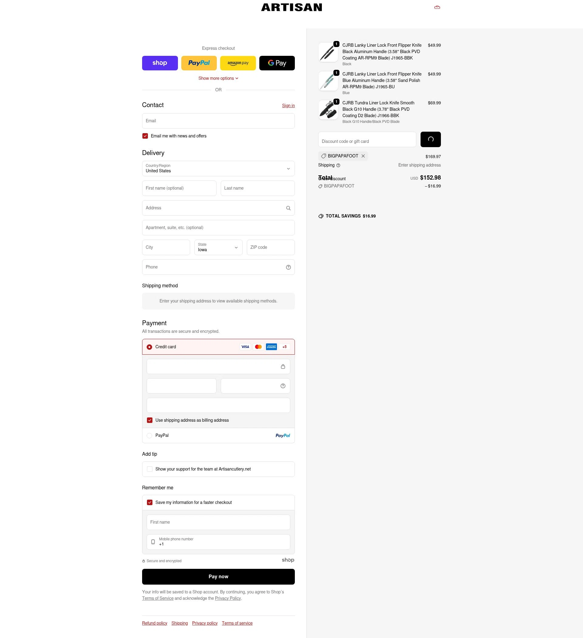 Artisan Cutlery checkout page showing Artisan Cutlery coupon code box | Screenshot taken by SimplyCodes community member on Jan 8, 2026
