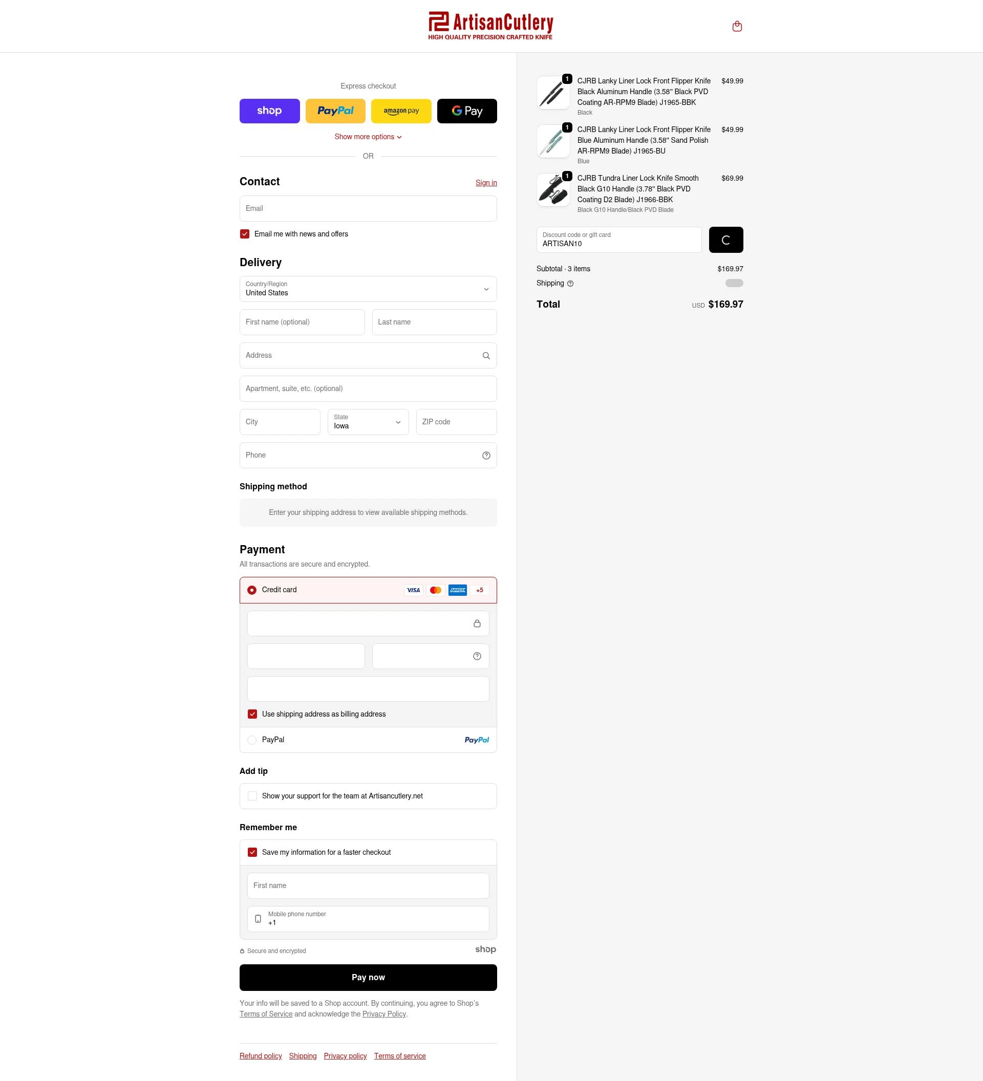 Artisan Cutlery checkout page showing Artisan Cutlery coupon code box | Screenshot taken by SimplyCodes community member on Jan 3, 2026