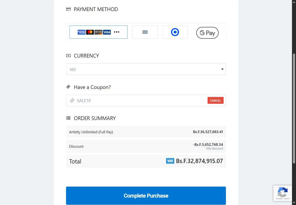 Artistly checkout page showing Artistly coupon code box | Screenshot taken by SimplyCodes community member on Dec 29, 2025