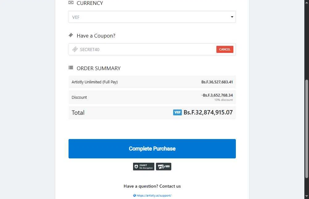 Artistly checkout page showing Artistly coupon code box | Screenshot taken by SimplyCodes community member on Jan 17, 2026