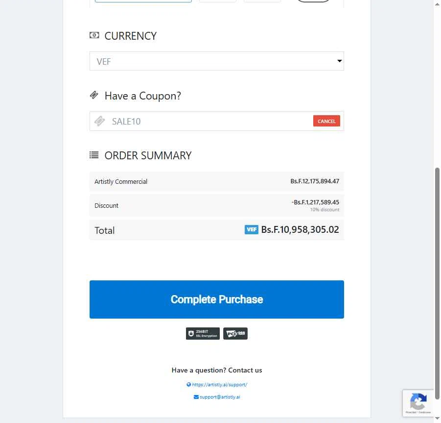 Artistly checkout page showing Artistly coupon code box | Screenshot taken by SimplyCodes community member on Jan 9, 2026