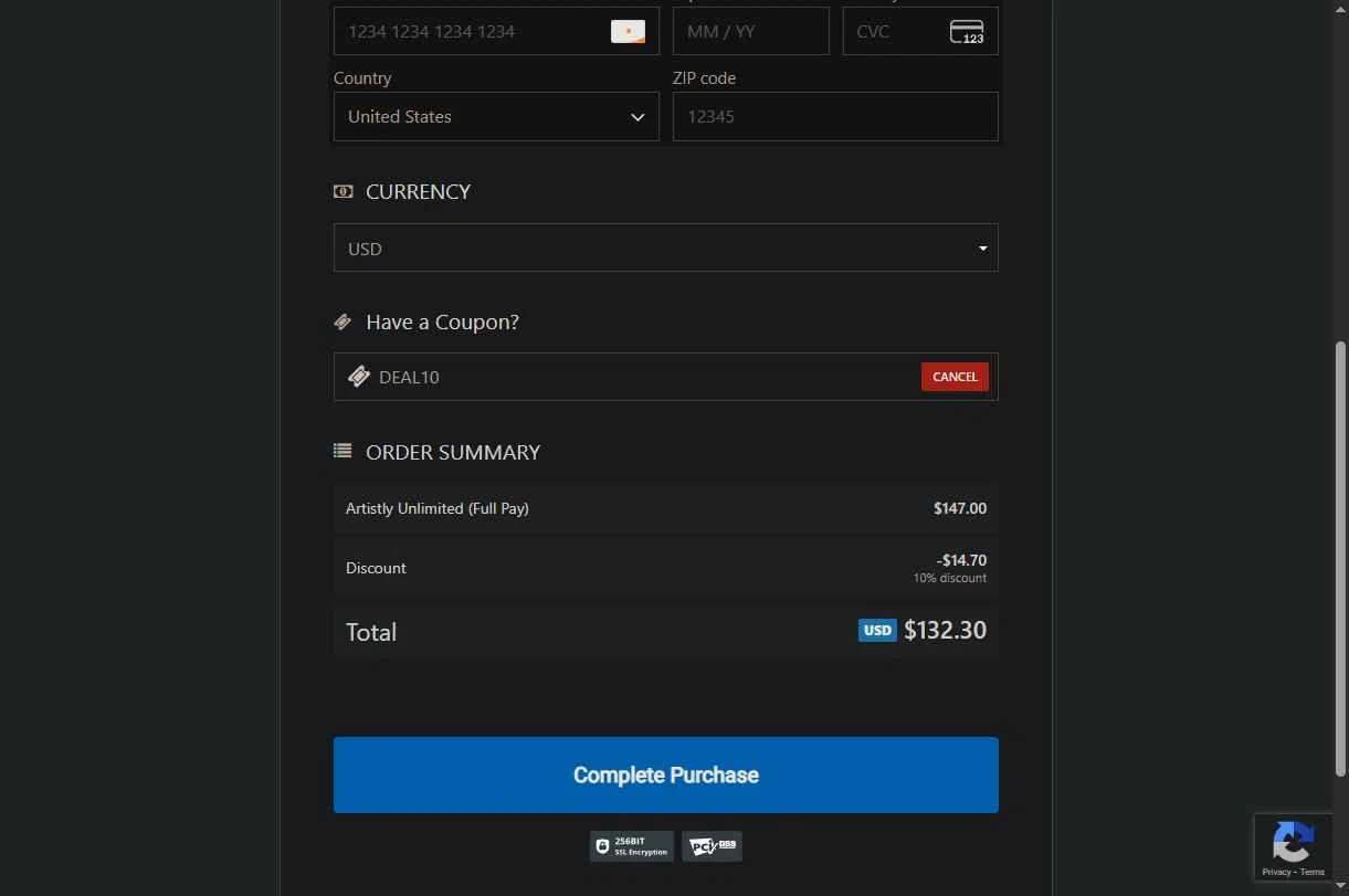 Artistly checkout page showing Artistly coupon code box | Screenshot taken by SimplyCodes community member on Jan 22, 2026